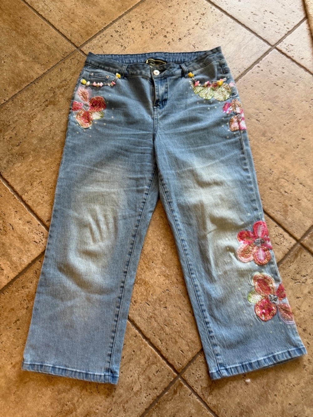 Y2K VTG Diane Gilman Cutie Girly Embellished Floral Sequin Crop Jean Capris 12 - Picture 2 of 8